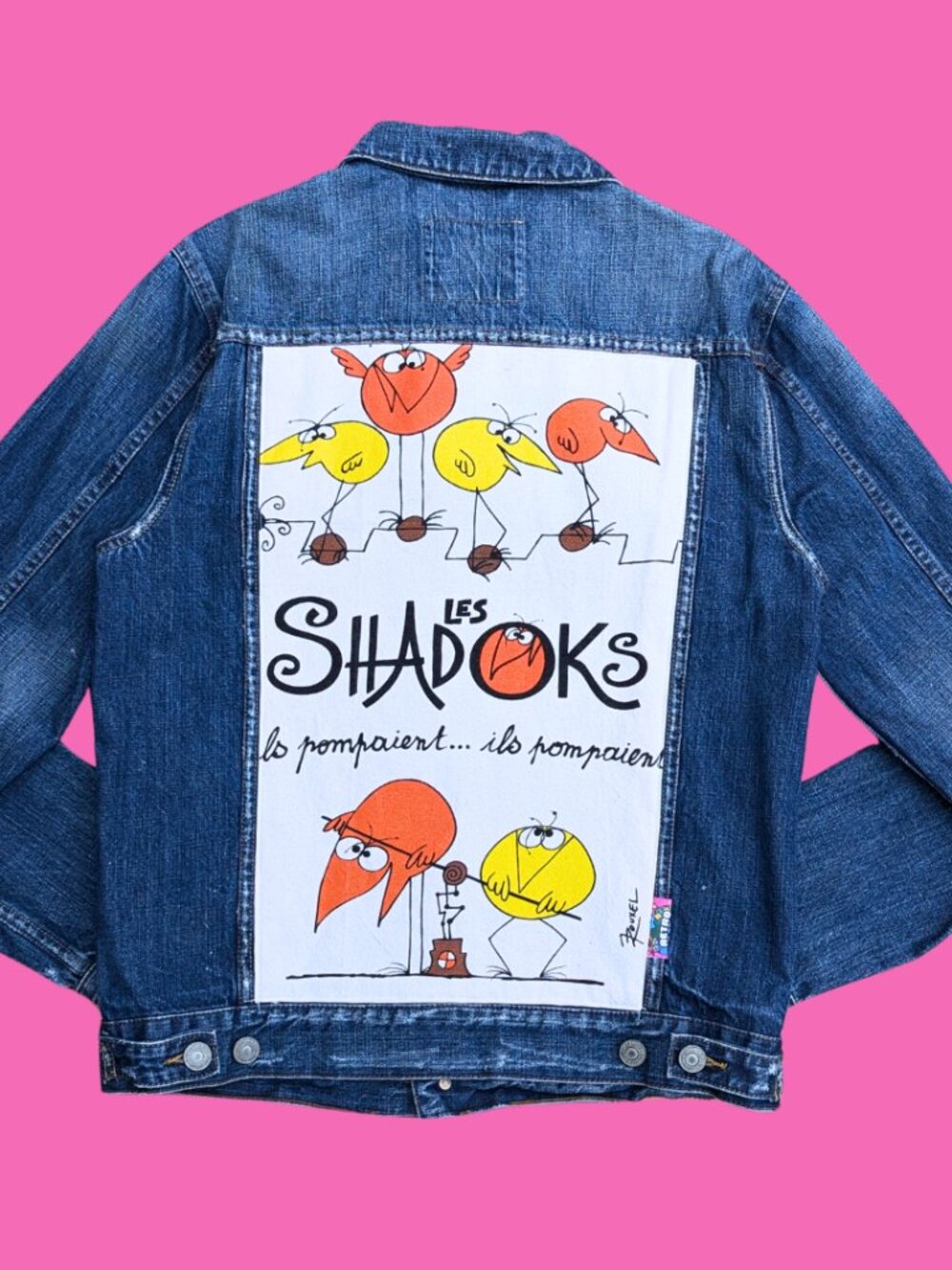 Les Shadoks Upcycled T-Shirt Denim Jacket Size M for Men